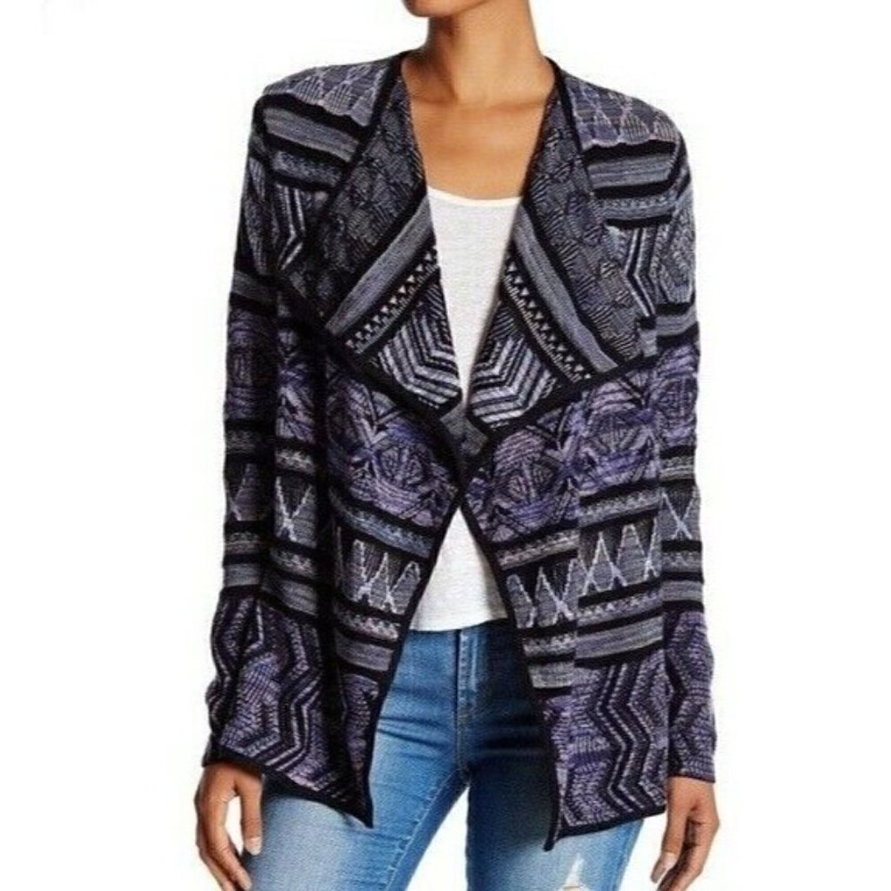 Lucky Brand Lotus Sz S Blue Aztec Open Front Draped Knit Sweater Cardigan Women